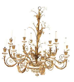 A French Cream and Gold Painted Twelve-Light Chandelier, Height 40 x diameter 30 1/4 inches.