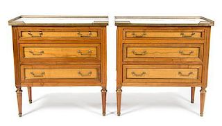 A Pair of Louis XVI Style Fruitwood Chests of Drawers, Height 33 x width 31 3/4 x depth 16 inches.