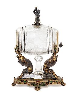 A Viennese Silver, Enamel and Cut Glass Miniature Cask on Stand, Height 6 x width 4 inches.