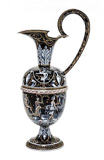 A Continental Enamel on Copper Ewer, Height 12 1/4 inches.