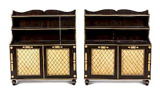 A Pair of Empire Style Gilt Metal Mounted Faux Painted Side Cabinets, Height 41 x width 36 x depth 13 inches.