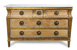 A Continental Painted and Parcel Gilt Commode, Height 33 x width 52 x depth 24 1/2 inches.