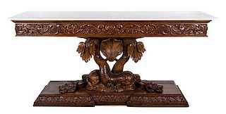 A Continental Walnut Console Table, Height 35 1/2 x width 74 1/2 x depth 20 3/4 inches.