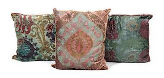 Three Venetian Printed Silk and Velvet Throw Pillows, Width of first 16 inches.