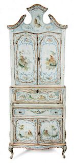 A Venetian Painted and Parcel Gilt Secretary, Height 90 x width 31 x depth 17 inches.