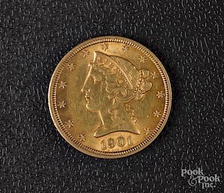 US 1901 Liberty Eagle five dollar gold coin.