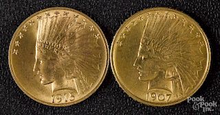 Two US ten dollar gold coins 1907 and 1915.