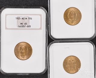 Three Netherlands gulden gold coins