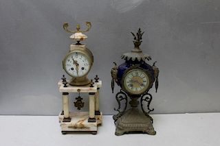 A Bronze and Marble Clock Together with a Gilt