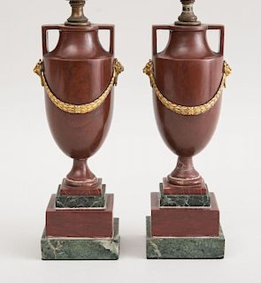 PAIR OF NEOCLASSICAL STYLE GILT-METAL MOUNTED RED-MARBLE URNS, MOUNTED AS LAMPS