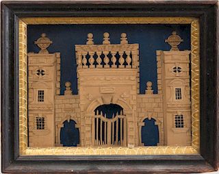 CARVED WOOD MODEL OF A MANOR FACADE, IN SHADOWBOX FRAME