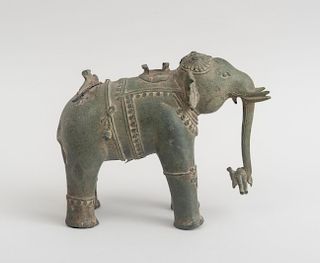 INDIAN BRONZE FIGURE OF AYANAR'S ELEPHANT HOLDING A WOMAN IN HIS TRUNK, CHOLA