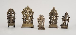 GROUP OF FIVE INDIAN BRONZE FIGURES OF VISHNU WITH HALOS