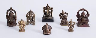 GROUP OF EIGHT INDIAN BRONZE, BRASS AND METAL FIGURES OF GANESH