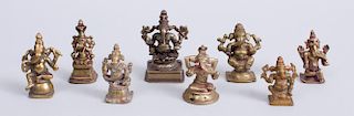 GROUP OF EIGHT INDIAN BRONZE AND BRASS GANESH FIGURES