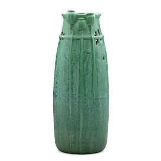 WELLER Rare reticulated Matt Green vase