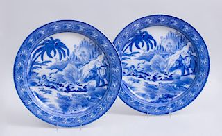PAIR OF STAFFORDSHIRE BLUE TRANSFER-PRINTED POTTERY CIRCULAR PLATTERS