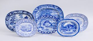 FOUR STAFFORDSHIRE BLUE TRANSFER-PRINTED SMALL PLATTERS