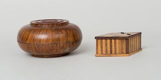 CIRCULAR BURLWOOD BOX AND COVER, AND A DIAMOND SHAPED PARQUETRY BOX WITH HINGED COVER