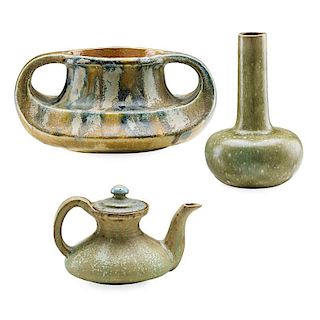 BIGOT; GREBER; ETC. Two vases and teapot