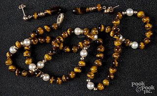 14K yellow gold, tigers eye, and pearl necklace