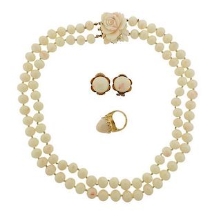 Vintage Carved Coral 18k 14k Gold Earrings Necklace Ring Set