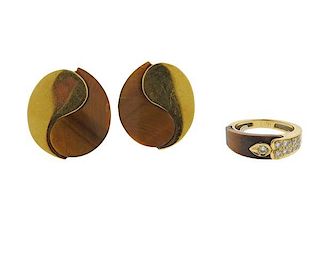 1970s 18k Gold Tiger&#39;s Eye Earrings Ring Set