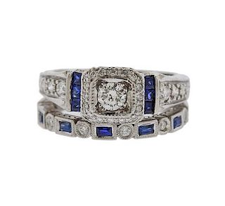 Gold Diamond Sapphire Engagement Wedding Ring Set