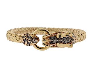 14k Gold Black Diamond Dragon Bangle Bracelet