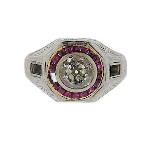 Art Deco 18k Gold Diamond Ruby Engagement Ring