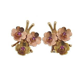 Retro 14K Two Tone Gold Ruby Flower Earrings