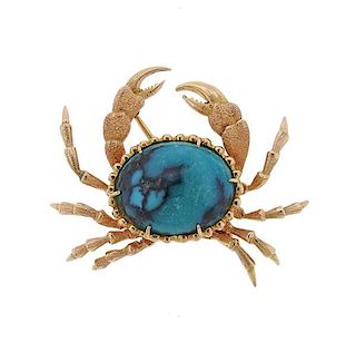 18K Gold Turquoise Crab Brooch Pin