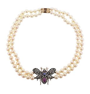 12k Gold Silver Diamond Pearl Insect Necklace