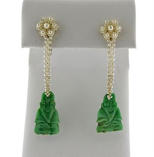Flynt &amp; Co American 18k Gold Pearl Carved Jade Earrings
