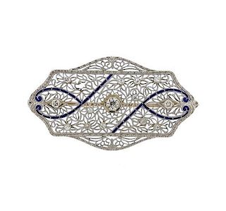 Art Deco Filigree 14k Gold Diamond Brooch Pin