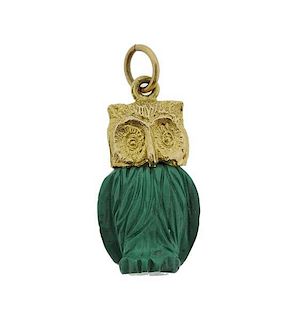 English Antique 9k Gold  Malachite Owl Pendant Charm