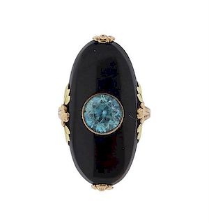 Art Deco Gold Blue Zircon Onyx Ring