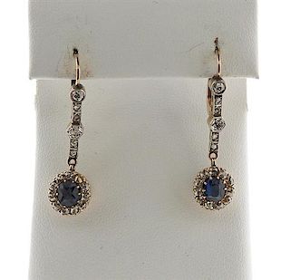 Antique 18K Gold Platinum Diamond Sapphire Drop Earrings
