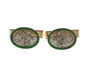 Art Deco 14k Gold Diamond Enamel Cufflinks