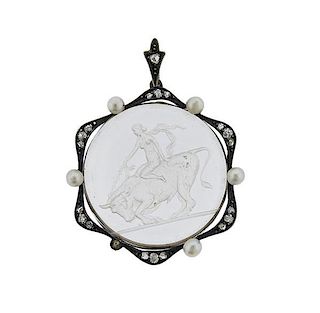 Antique Silver Diamond Pearl Intaglio Pendant