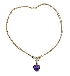 18K Gold Diamond Amethyst Heart Pendant Necklace
