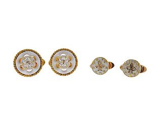 Antique 18k Gold Enamel Diamond Button Stud Set