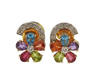 18K Gold Diamond Gemstone Flower Earrings