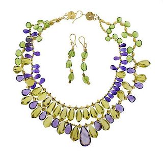 22K Gold Multi Gemstone Necklace Earrings Set