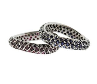 18k Gold Sapphire Ruby Wave Band Ring Set of 2