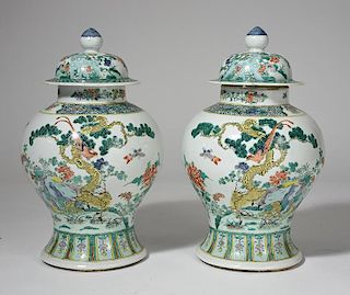 Fine pair of 19th C. porcelain Famille Verte covered jars