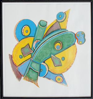 Murray,       Elizabeth ,  American 1940 - 2007,"Clock" (whimsical yellow, green blue, tan abstract), G8; H5