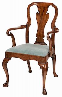 Queen Anne Style Figured Walnut Open Arm Chair