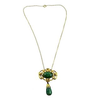 Art Nouveau Gold Emerald Lavalier Necklace