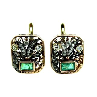 Art Nouveau Yellow Gold Diamond & Emerald Earrings